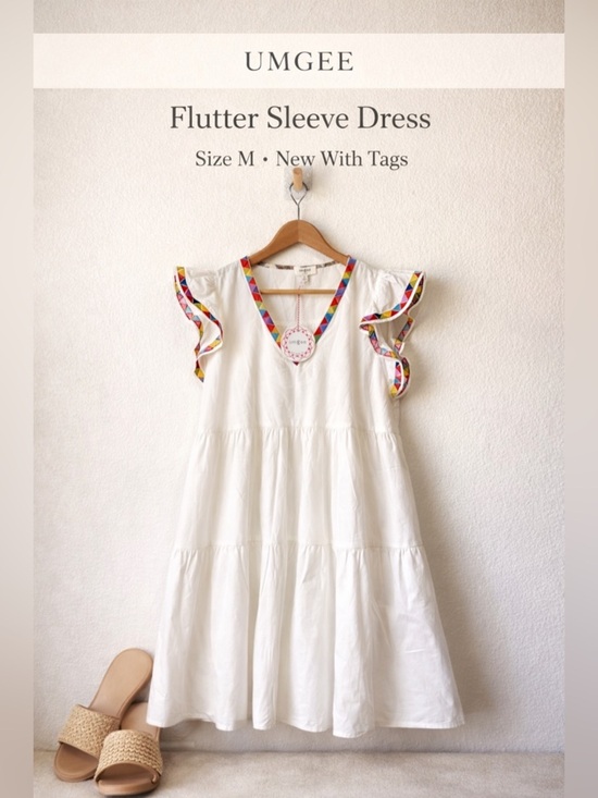 Umgee Dresses & Skirts - Umgee White Boho Flutter Sleeve Dress Multicolor Trim NWT Medium